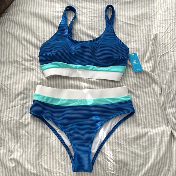 CUPSHE Sunny Blue Colorblock Bralette & Banded High Waist Bikini Set - Picture 1 of 4